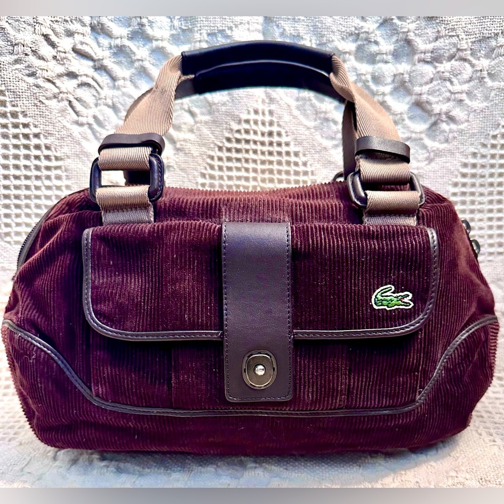 Vtg LACOSTE Dark Brown Corduroy HANDBAG Bowling BAG Style Green Interior  New